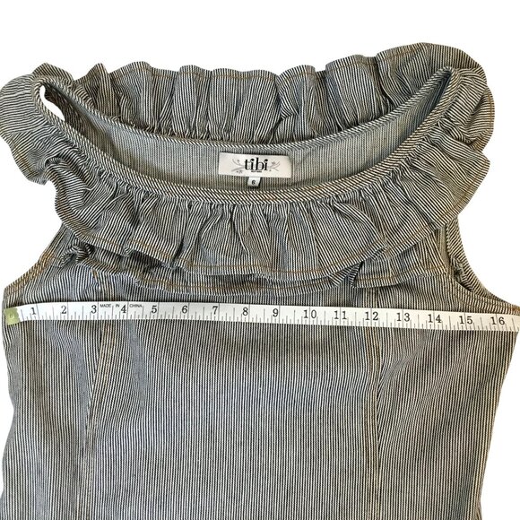 Tibi New York Woman’s Striped Ruffle Boat Neck Shift Dress Cotton Pockets Sz 6 - Picture 3 of 7